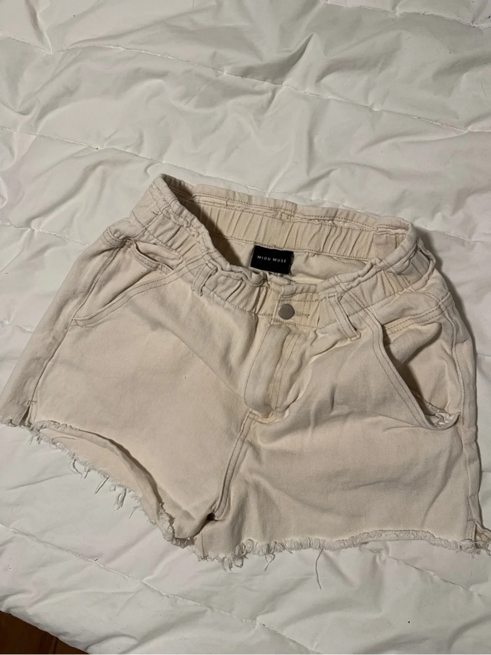 High-Rise Cream Denim Jean Shorts with Frayed Hem